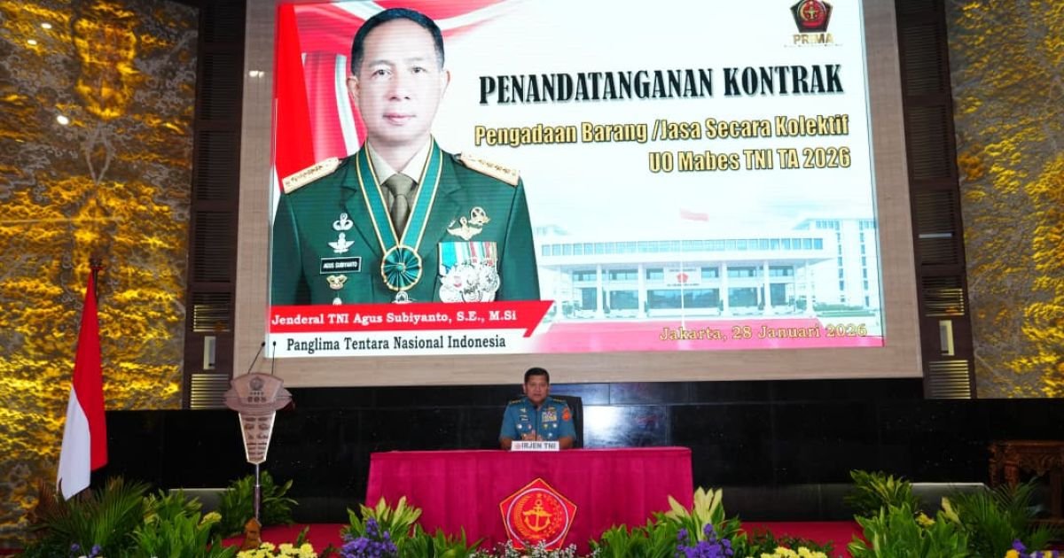 Panglima TNI Jenderal TNI Agus Subiyanto yang diwakili Inspektur Jenderal (Irjen) TNI Laksdya TNI Hersan memimpin acara Penandatanganan Kontrak Pengadaan Barang/Jasa secara kolektif UO Mabes TNI Tahun Anggaran 2026.
